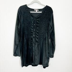 Woman Within Black Long Sleeve Button Down Pintuck Velour Top Women's 14/16